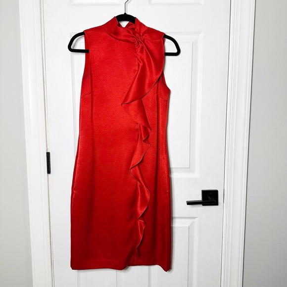 Reiss Dresses & Skirts - REISS Lola Satin Ruffle Mock Neck Dress Womens 6 Red Excellent Sleeveless Shift